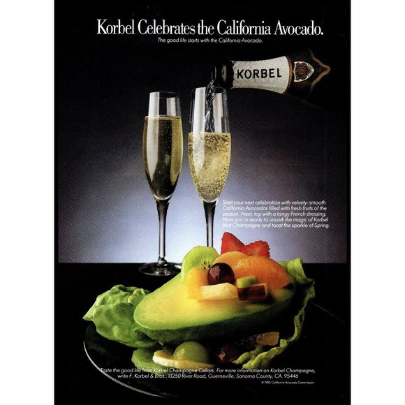 1985 Korbel Champagne California Avocado Vintage Print At Flutes Salad Wall Art - Picture 1 of 1